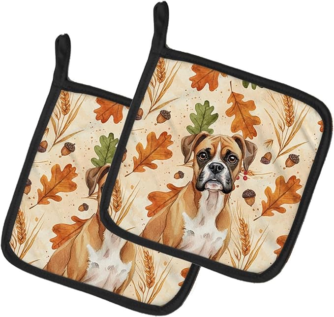 Caroline's Treasures Boxer Heirloom Fall Pair of Pot Holders Pair 7.5x7.5 Quilted Insulated Hot Pads Decorative Kitchen Gift Made in USA