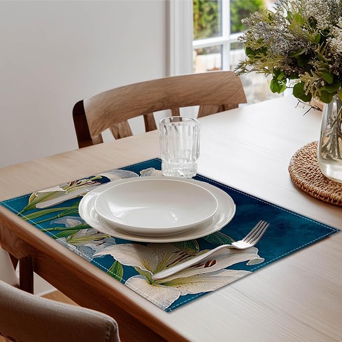 HOMETITUTE Dragonfly Linen Placemats Set of 4 12x18 inch Spring Table Mats for Dining Table Farmhouse Lily Art Decorations Kitchen Decor Desk Mat for Outdoor Home Party Kitchen Seasonal Dining Decor