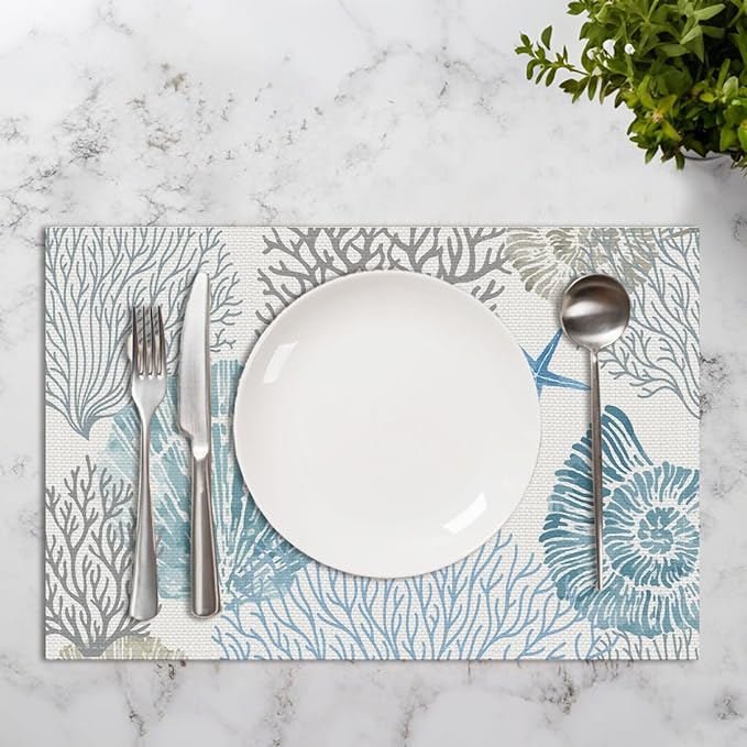 Nautical Placemats Set of 4, Starfish Beach Theme Ocean Seashell Washable Non-Slip Heat Resistant 12×18 Inch Coastal Summer Place Mats Decorative Linen Fabric Table Mats for Home Party Kitchen Dining