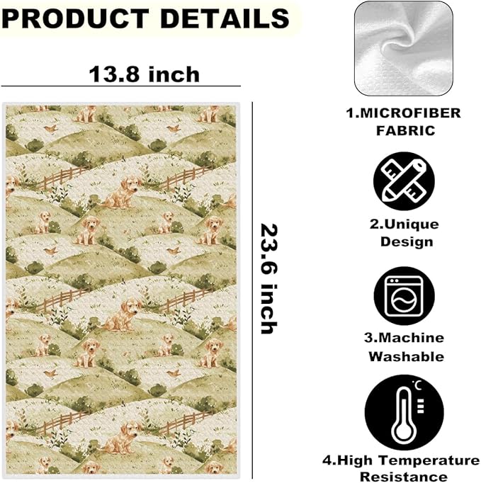 3 Pcs Cute Dog Kitchen Towels, Vintage Decorative Absorbent Microfiber Dish Cloth Tea Towel, Rustic Field Waffle Soft Hand Towels for Farmhouse Home Bathroom, Dog Lover Gifts