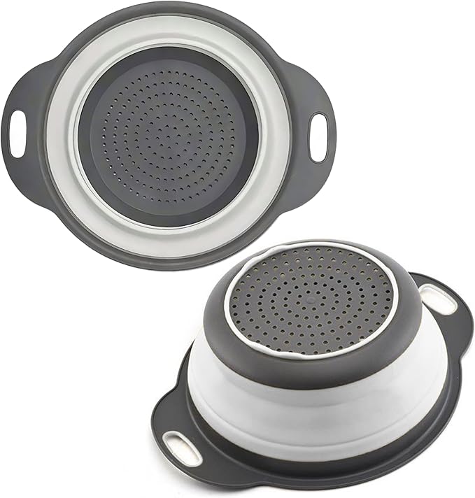 White Round Silicone Collapsible Colander – Silicone Round Kitchen Strainers with Plastic Handles Small Foldable Kitchen Strainer Perfect for Draining Pasta Vegetable and Fruit