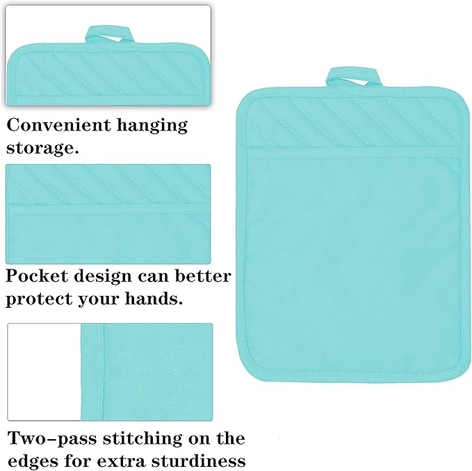 Oven Pot Holder with Pocket Cotton Heat Resistant Coaster Potholder Kitchen Hot Pad Oven Mitts for Cooking Square 7"x9" Set of 3 (Aqua)
