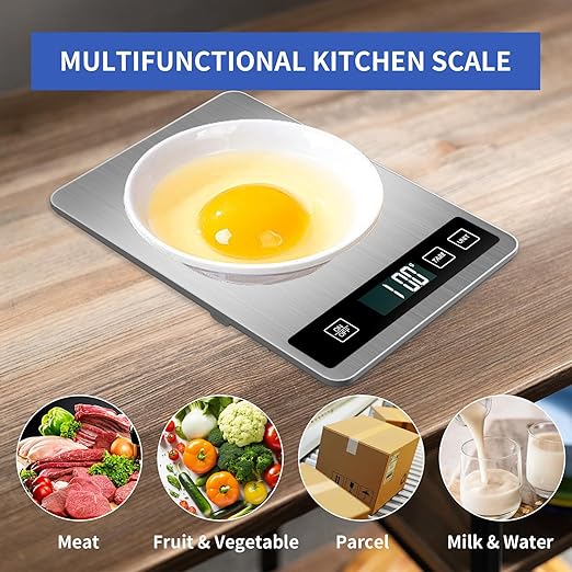 YFL Food Scale, 33lb Digital Kitchen Scale Weight Grams and Oz 1g/0.1oz Precise Graduation,Waterproof Surface Stainless Steel and Tempered Glass for Cooking Baking,(Ash Silver)