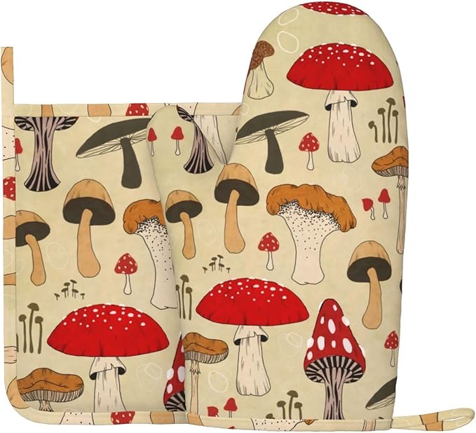 Vintage Mushroom Art Oven Mitts and Pot Holders Set of 2 Silicone Heat Resistant Oven Mitten Potholders Non Slip Gloves Kitchen Decor for BBQ Cooking Grilling Baking