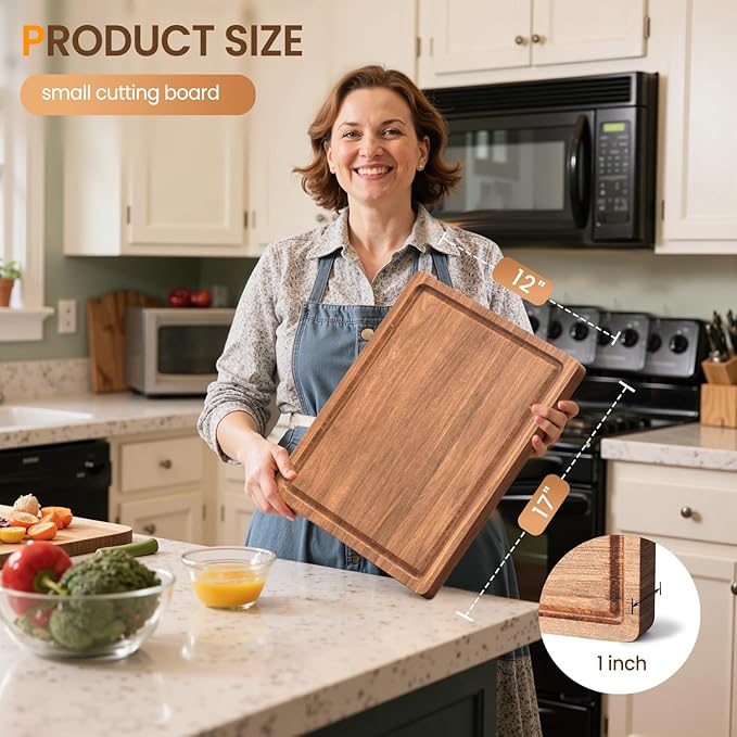 Acacia Wood Cutting Boards for Kitchen, 17x12 Inch Butcher Block with Deep Juice Grooves & Non-Slip Handle Reversible Chopping Board for Meat Cheese Vegetables