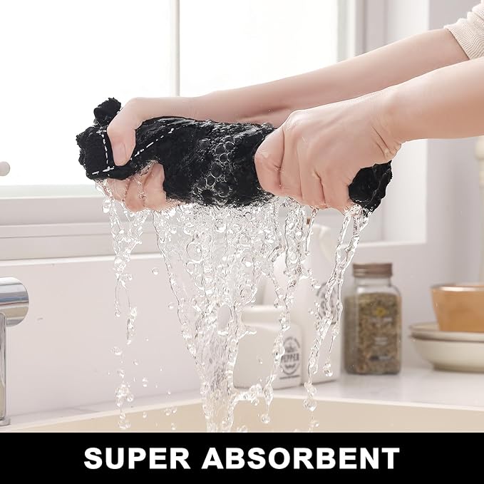 Homaxy Kitchen Towels and Dishcloths Set, 12 x 12 and 13 x 28 Inches, Set of 16 Bulk Cotton Terry Kitchen Towels Set, Checkered Designed, Soft and Super Absorbent Dish Cloths, Black