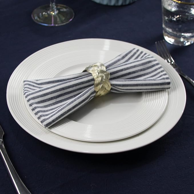 Plain Striped Cotton Linen Blended Dinner Cloth Napkins - Set of 12 (40 x 30 cm) - for Events & Home Use (Navy)