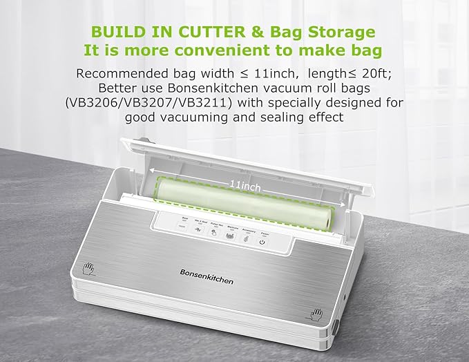 Bonsenkitchen Vacuum Sealer Machine, Stainless Steel Food Sealer Vacuum Sealers with 1 Roll & 5 Bags, 5 Food Vacuum Modes, Built-in Cutter & Bag Storage (White Silver)