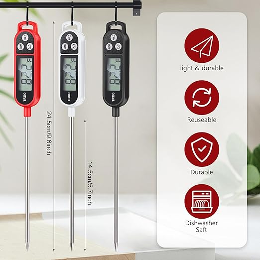 Copkim 6 Pcs Instant Read Meat Thermometer with Long Probe 9.65 Inch Kitchen Cooking Food Candy Waterproof Digital Thermometer for BBQ Water Milk Yogurt Liquid (Round&Square Ring,Black,White,Red)