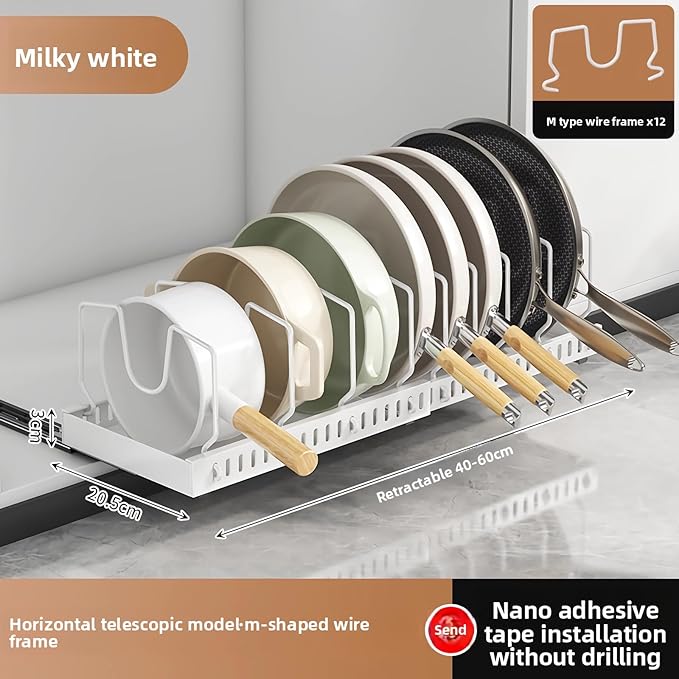 pots and pans organizer under cabinet,pot lid organizers inside cabinet holders for kitchen,Horizontal and vertical pulling modes,Can be extended and adjusted (White horizontal pull-out)