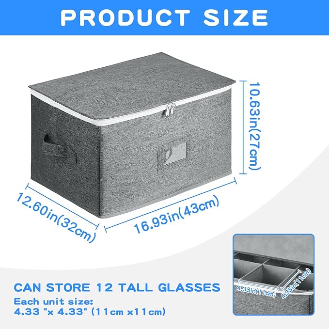 Wine Glass Storage Box for 12 Glasses - Stackable Stemware Organizer with Removable Dividers, Heavy-Duty Zippered Case & Handles | Dustproof Moving Box for Crystal, Champagne Flutes (Grey,)