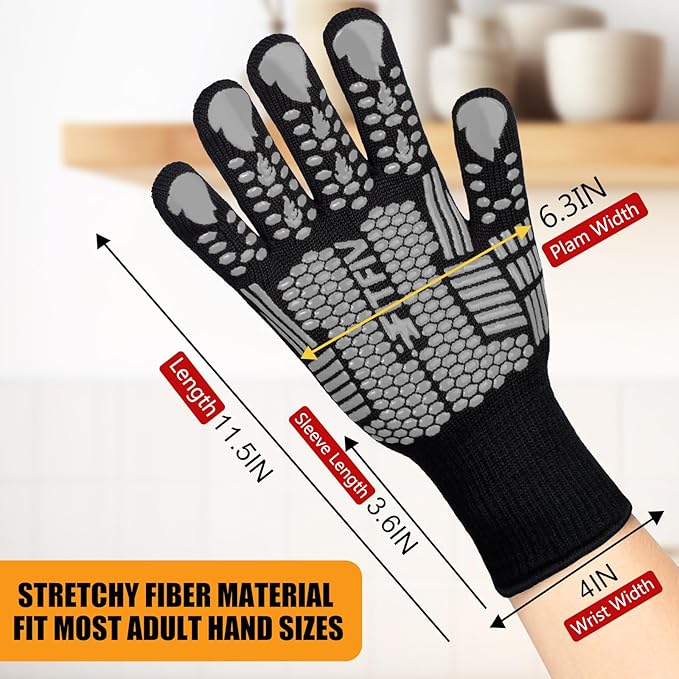 BBQ Gloves, Oven Gloves, 1472°F Extreme Heat Resistant Barbecue Gloves, Silicone Non-Slip Oven Mitts, Kitchen for Cooking, Grilling, and Baking (Gray)
