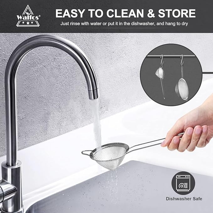 Walfos Fine Mesh Strainer 4PCS, Versatile Kitchen Strainer with Handle - 7", 4.6", 3.15", 2.7" Sieve Fine Mesh Stainless Steel, Metal Strainers and Sifters for Rice, Quinoa, Tea, Cocktail, Juice