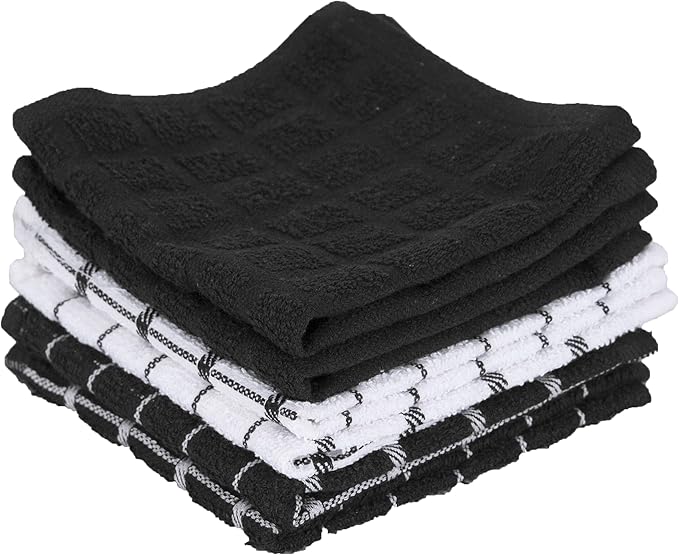 Ritz Premium 3-Pack Kitchen Towel & 6-Pack Dish Cloth Set - Highly Absorbent, Super Soft, Long-Lasting, 100% Cotton Terry Drying Cleaning Cloths, Black