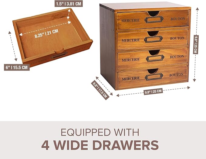 Modular Stackable Apothecary Cabinet 4 Drawer Desk Organizer - Retro Library Card Catalog Wood Storage Box - Organize Stationery, Thread Embroidery, Sewing, Crafts, Junk Drawer & Supplies Countertop