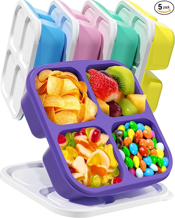Canfanni 5 Pcs Bento Snack Containers, Reusable 4 Compartment Divided Food Storage Containers, Divided Lunchable Container for School, Work and Travel (5 Color)