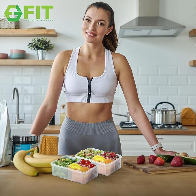 FIT Strong & Healthy Bento Lunch Box & Meal Prep Containers, Food & Snack Storage for Adults & Kids, Microwave, Freezer, & Dishwasher Safe, Reusable, Airtight Lid, Removable Compartments, 39oz, 6 Pack