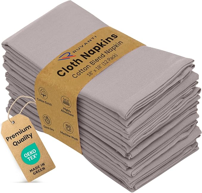 Ruvanti Cloth Napkins Set of 12, 18x18 Inch, Soft & Absorbent Cotton Enrich Dinner Napkins for Hotel, Wedding Parties, Napkins Everyday - Coffee Grey
