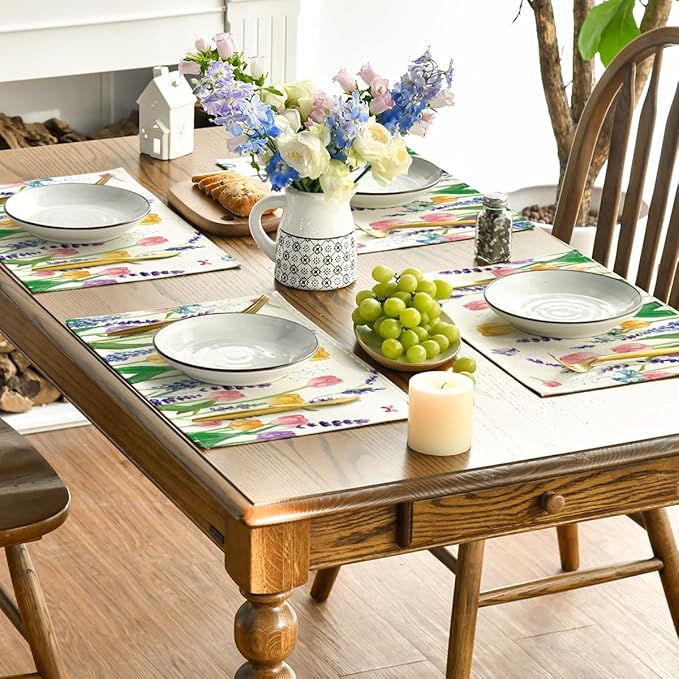Artoid Mode Lavender Tulip Flowers Floral Spring Placemats Set of 2, 12x18 Inch Seasonal Table Mats for Party Kitchen Dining Decoration