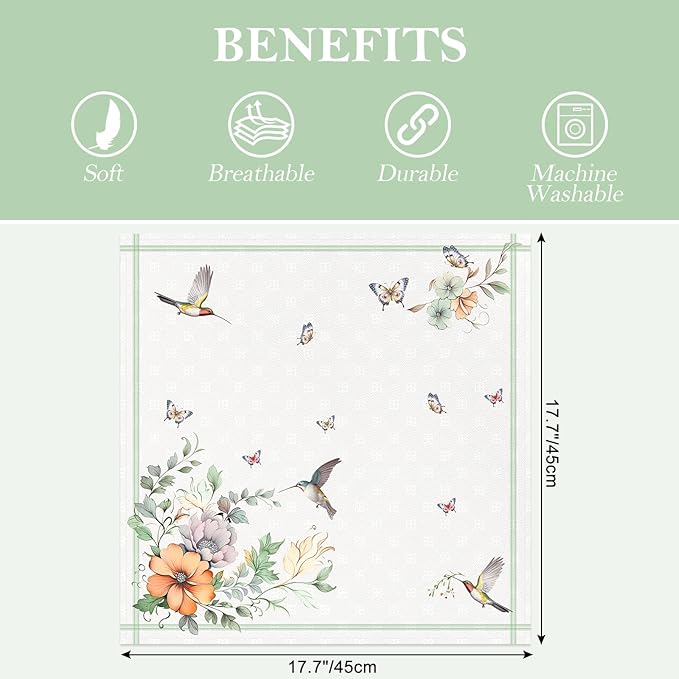 Spring Summer Flower Bird Napkins, 18×18 Inch Dinner Cloth Napkins Set of 6, Washable Cotton Soft Absorbent Square Table Top Decoration for Dining Kitchen Party Wedding