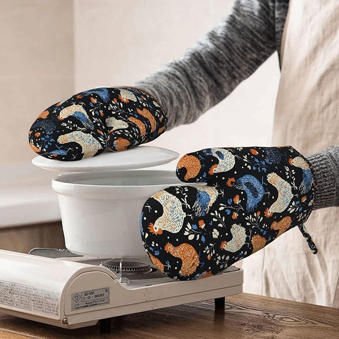 Rooster Silicone Oven Mitts Set of 2, Heat Resistant up to 500°F, Kitchen Oven Gloves with Non-Slip Grip and Soft Cotton Lining for Baking, Cooking and BBQ