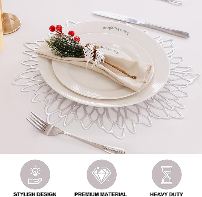 Snowkingdom 12 Pack of Silver Placemats Metallic Vinyl Dinning Table Mats, Round Flower Charger Plates Decoration Bulk for Winter Holiday Christmas Thanksgiving Party