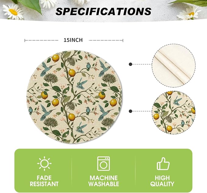 Artoid Mode Brown Lemon Tree Bird Flower Round Summer Placemats Set of 4, 14 Inch Spring Farmhouse Round Table Mats for Dining Decoration