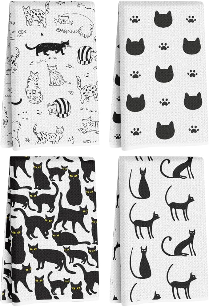 4 Pcs Cute Cat Kitchen Towels, Cats Decorative Absorbent Microfiber Dish Cloth Tea Towel, Durable Waffle Hand Towels for Farmhouse Home Bathroom, Cat Lover Gifts for Women Mam-1