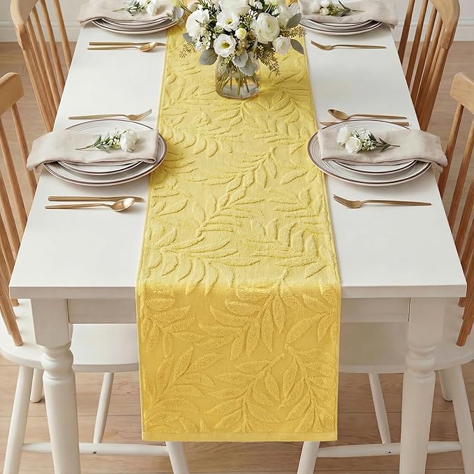Artoid Mode Yellow Soft Cotton Jacquard Leaves Spring Table Runner, Holiday Kitchen Dining Table Decoration for Home Party Decor 13x72 Inch