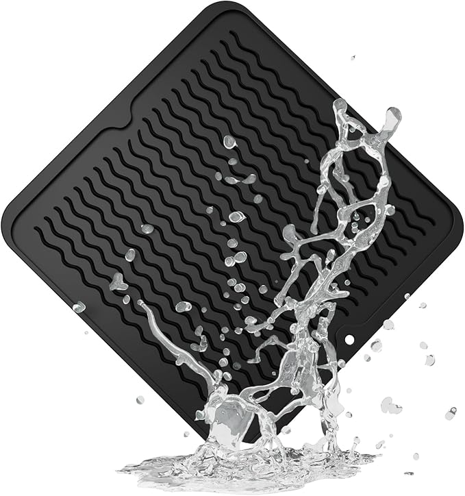 ZLR Silicone Dish Drying Mat 12" x 12" Square - Small Heat Resistant Trivet & Countertop Protector for Air Fryer, Coffee Maker - Waterproof Kitchen Drain Pad for Cups, Fruit (Black)