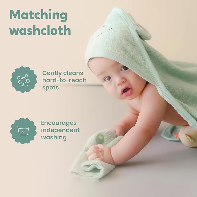 CuddleBug Premium Hooded Baby Bath Towel & Washcloth Set (Bear) - 100% Cotton Terrycloth Hooded Baby Towels for Newborn & Toddler - Super-Soft & Absorbent, Newborn Essentials (33" x 33") - Sage Green
