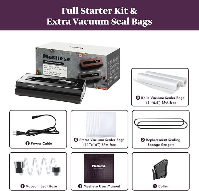 Vacuum Sealer Machine, Mesliese 90Kpa Powerful 6-in-1 Precision Compact Vacuum Food Preservation System with Cutter, 2 Bag Rolls & 5 Pre-cut Bags, Dry&Moist Modes Smart Suction, ETL Listed (Dark Gray)
