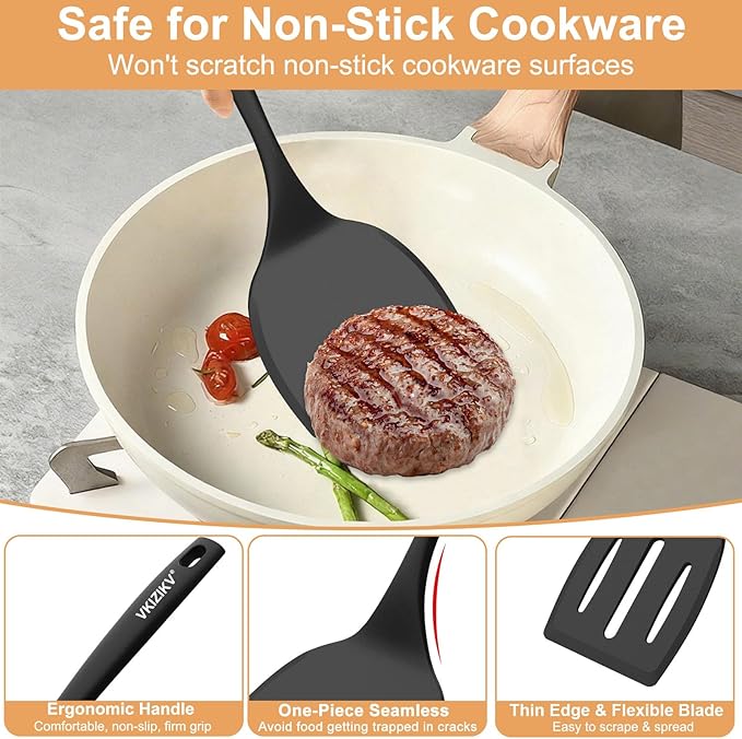 Silicone Spatula Turner Set, 4 Pack, 600°F Heat Resistant Cooking Spatulas, Spoons, BPA Free & Non-Stick Kitchen Utensils, Ideal for Flipping Egg, Pancake, and Serving, Dishwasher Safe (Black)