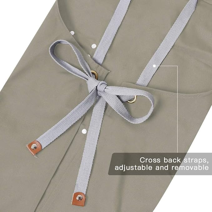 Mignongirl Chef Apron,Cross Back Apron for Men Women with Adjustable Straps and Large Pockets,Canvas,M-XXL (Beige)