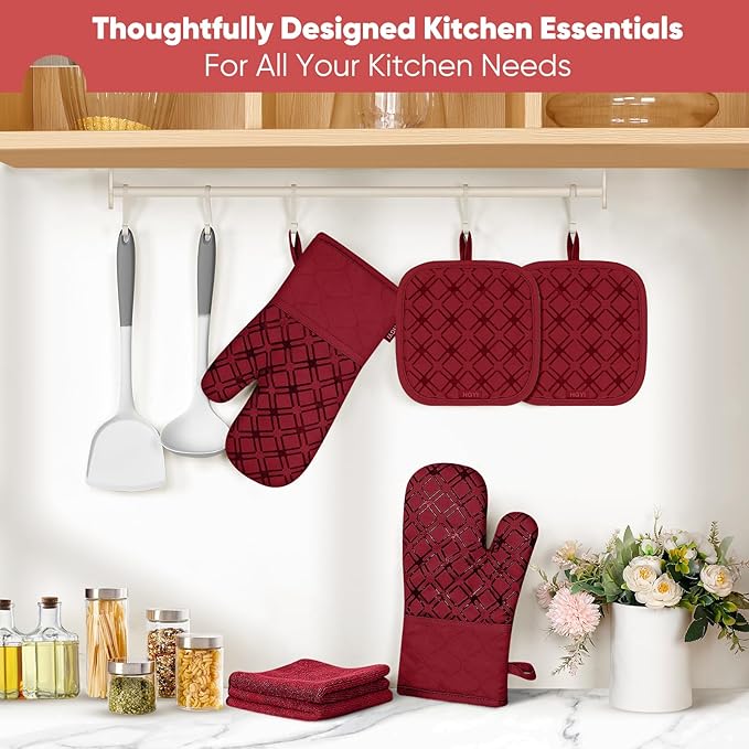 Oven Mitts and Pot Holders Set with Dishcloths, 500 Degree Heat Resistant Oven Gloves and Hot Pads, Premium Soft Cotton Kitchen Mittens and Dish Cloth Sets-Red