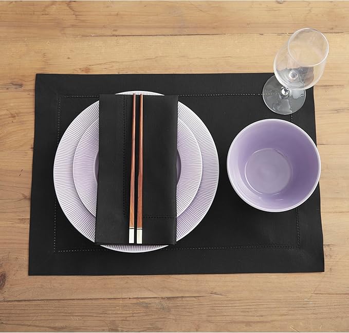 Solino Home Black Placemats Set of 4 - Cotton Linen Hemstitch Placemats 14 x 19 Inch for Spring, Summer, Mothers Day