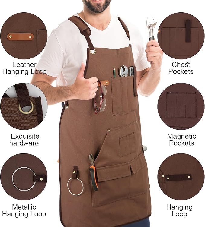 Men's Canvas Tool Apron, Heavy Duty Multi-Pocket Work Apron for Woodworking Gardening Bartender Adjustable Straps