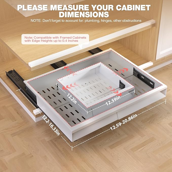 Seinloes 2 Pack Pull Out Cabinet Organizer With Raising Pad for Framed Cabinets,Expandable Width (13"-21") and Depth (13"-17"),3 Slide Rails Slide Out Drawers with Handle,No-Drill Roll Out Shelf,White