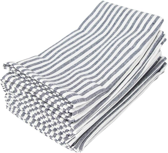 Plain Striped Cotton Linen Blended Dinner Cloth Napkins - Set of 12 (40 x 30 cm) - for Events & Home Use (Black)
