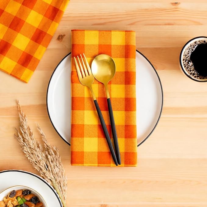 Cloth Napkins Set of 12, 100% Cotton Dinner Napkins 18x18 Inch, Soft Absorbent Gingham Check Napkin for Restaurant, Table Décor, Reusable Washable for Everyday Use - Orange/Golden Yellow