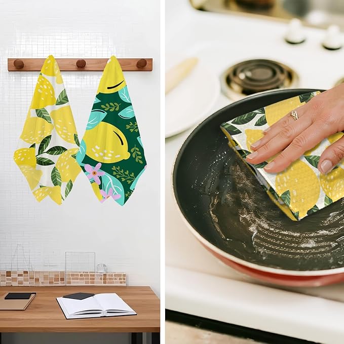 2Pcs Lemon Kitchen Towels, Farmhouse Absorbent Tea Towel Decorative Reusable Dish Hand Towels Lemon Lover Gifts for Cleaning Drying Women Mom Housewarming Gifts 14 x 24 Inch Kitchen Home Decor