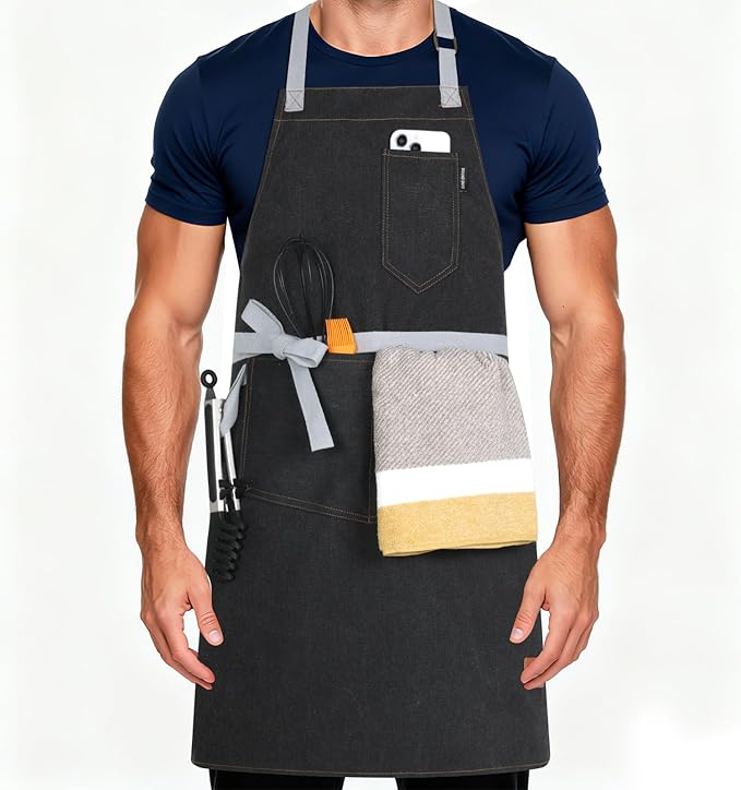 Womens Apron with Pockets Adjustable Shoulder Strap,Aprons for Men 38.5" Extra-Long Straps Fit More Body Types,Chef Apron for Kitchen Garden Barbecue Woodworking(Black)