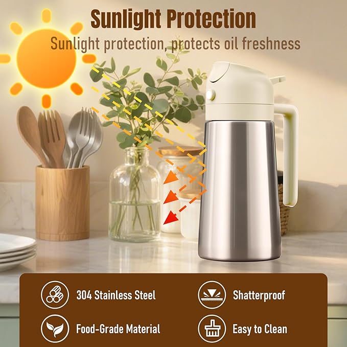 PARACITY Oil Dispenser Bottle with Stainless Steel Shell & Ceramic Sprayed Interior, 2 in 1 Olive Oil Sprayer and Dispenser, Oil Spray Bottle for Cooking, Kitchen, BBQ, Air Fryer, Salad, Baking(White)