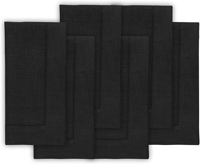 Solino Home Black Linen Napkins Set of 6-100% Pure Linen Hemstitch Dinner Napkins 20 x 20 Inch for Spring, Summer, Mothers Day - Classic Hemstitch
