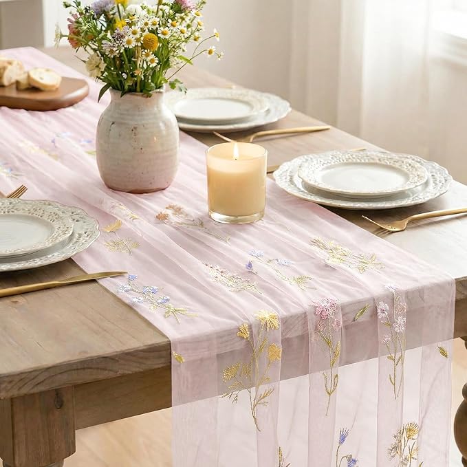 Artoid Mode Wildflower Floral Light Pink Gauze Embroidery Table Runner 120 Inch 10FT, Tulle Seasonal Spring Kitchen Dining Table Decor for Home Party