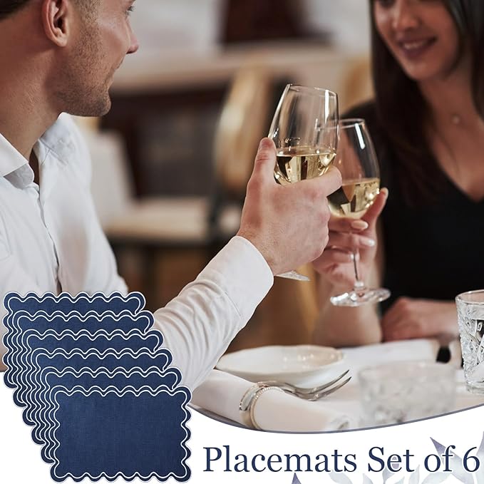 HunnmingRe Set of 6 Cotton Linen Placemats, 13x19 Inch Scalloped Wavy Embroidery Placemat Double Layered Washable Rustic Rectangle Dinner Table Mats for Wedding Home Decor(Navy Blue with White)
