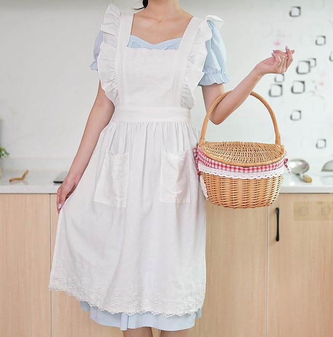 Aoomzoon Vintage Aprons for Women with Pockets Cute Lace Ruffle Adjustable Apron for Cooking Kitchen Baking Gardening