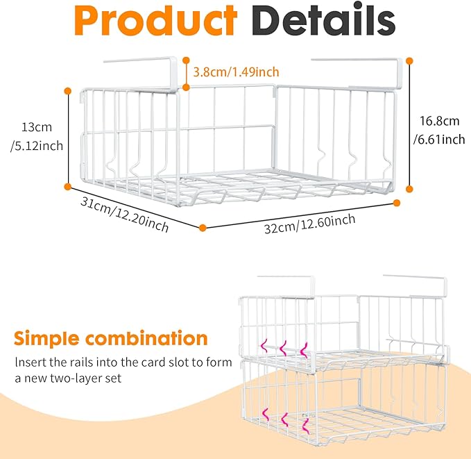 PowerKing Under Shelf Storage Baskets, Foldable Metal Wire Rack Basket, 2 Pack, White