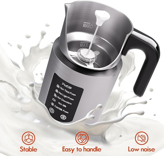 PULZO Electric Milk Frother and Steamer, Detachable Foam Maker, 17 OZ Warm Cold Milk Warmer for Coffee, Latte, Cappuccino, Stainless Steel Jug, Hot Chocolate, Silent Operation, BPA