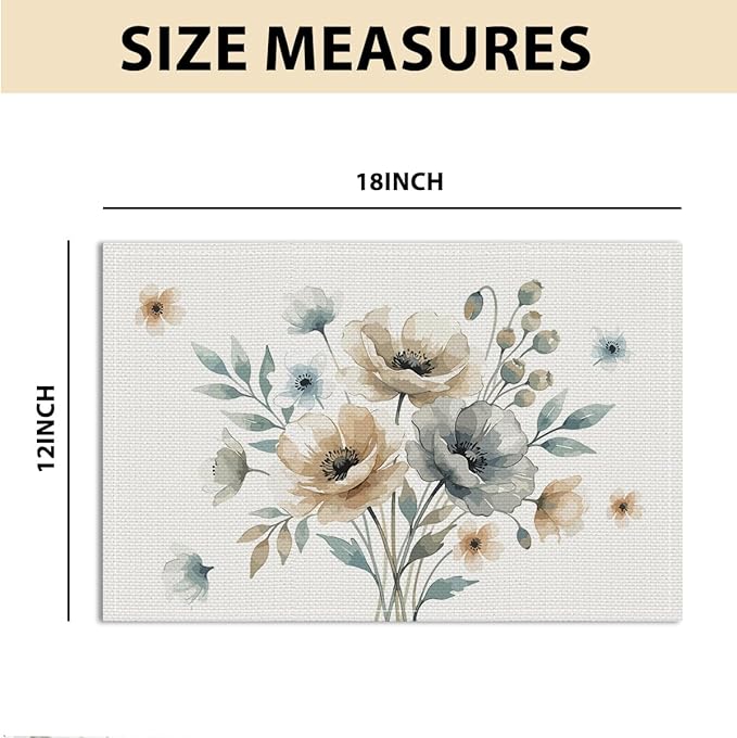 Neutral Poppy Floral Spring Placemats Set of 4, Wipeable Washable Non-Slip Heat Resistant Linen Fabric Rectangle Table Mats, Boho Minimalist Decor for Indoor Outdoor Party Kitchen Dining